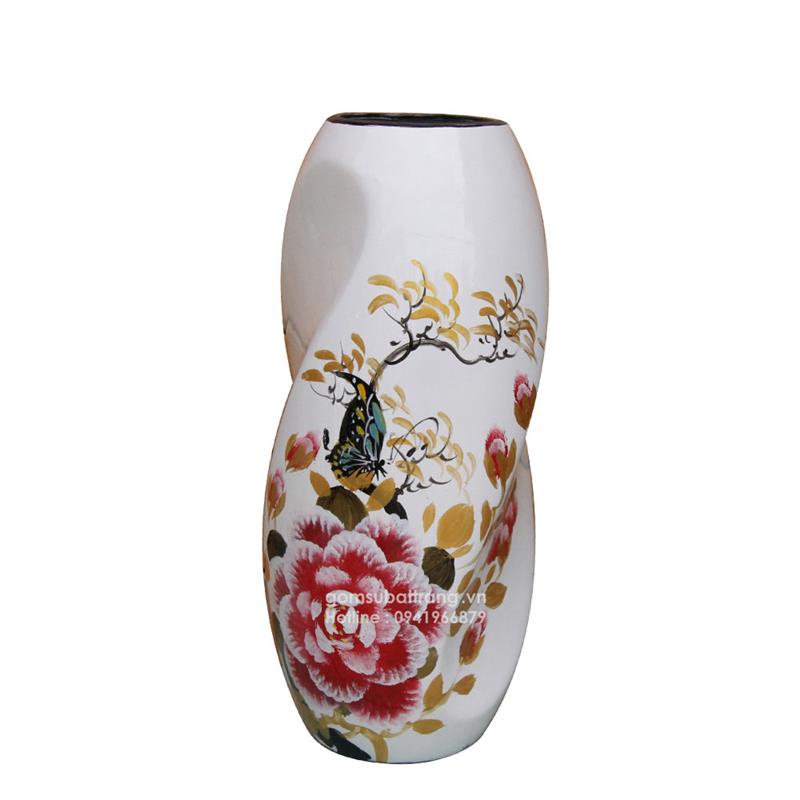 Bình hoa sứ đẹp sơn mài gốm sứ Bát Tràng vẽ hoa mẫu đơn là biểu tượng của sự thịnh vượng, phồn vinh, quý phái.