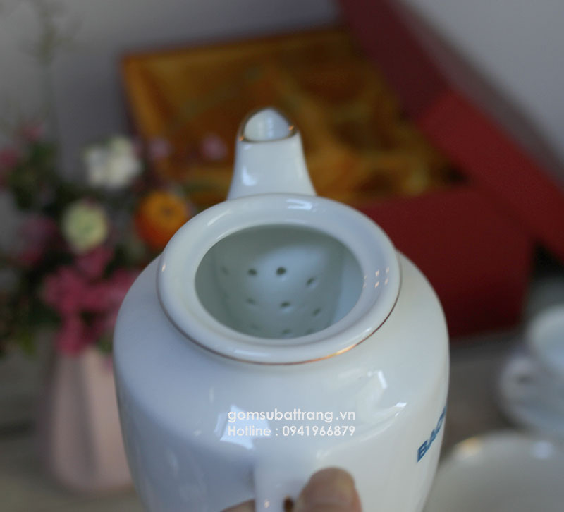 Bộ ấm chén uống trà in logo thiết kế lỗ lọc trà tinh tế