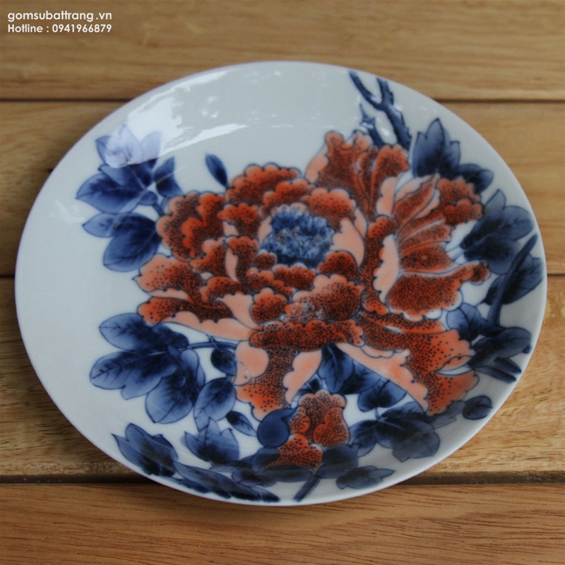 Bộ đĩa gốm sứ cao cấp pr-dhs5 vẽ hoa phù dung theo lối cổ trên nền men xanh lam đẹp sống động và tinh tế đến từng chi tiết nhỏ