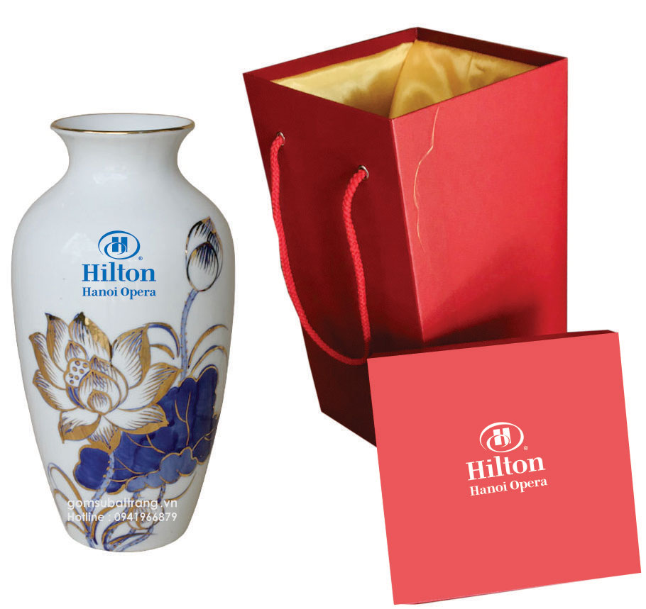 Bình cắm hoa gốm Bát Tràng, in logo, hộp đựng quà tặng cao cấp