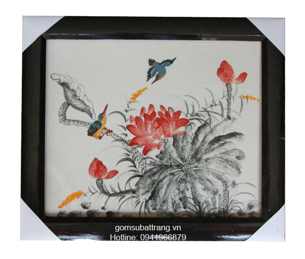 tranh sứ phong cảnh vẽ hoa sen chim bói cá siêu đẹp