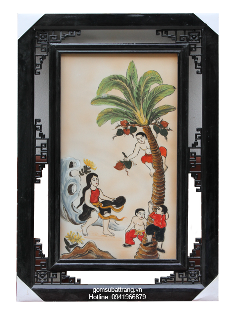 Bức tranh Bát Tràng đẹp vẽ cảnh hứng dừa "Hứng dừa" phác họa một gia đình hạnh phúc, đồng lòng